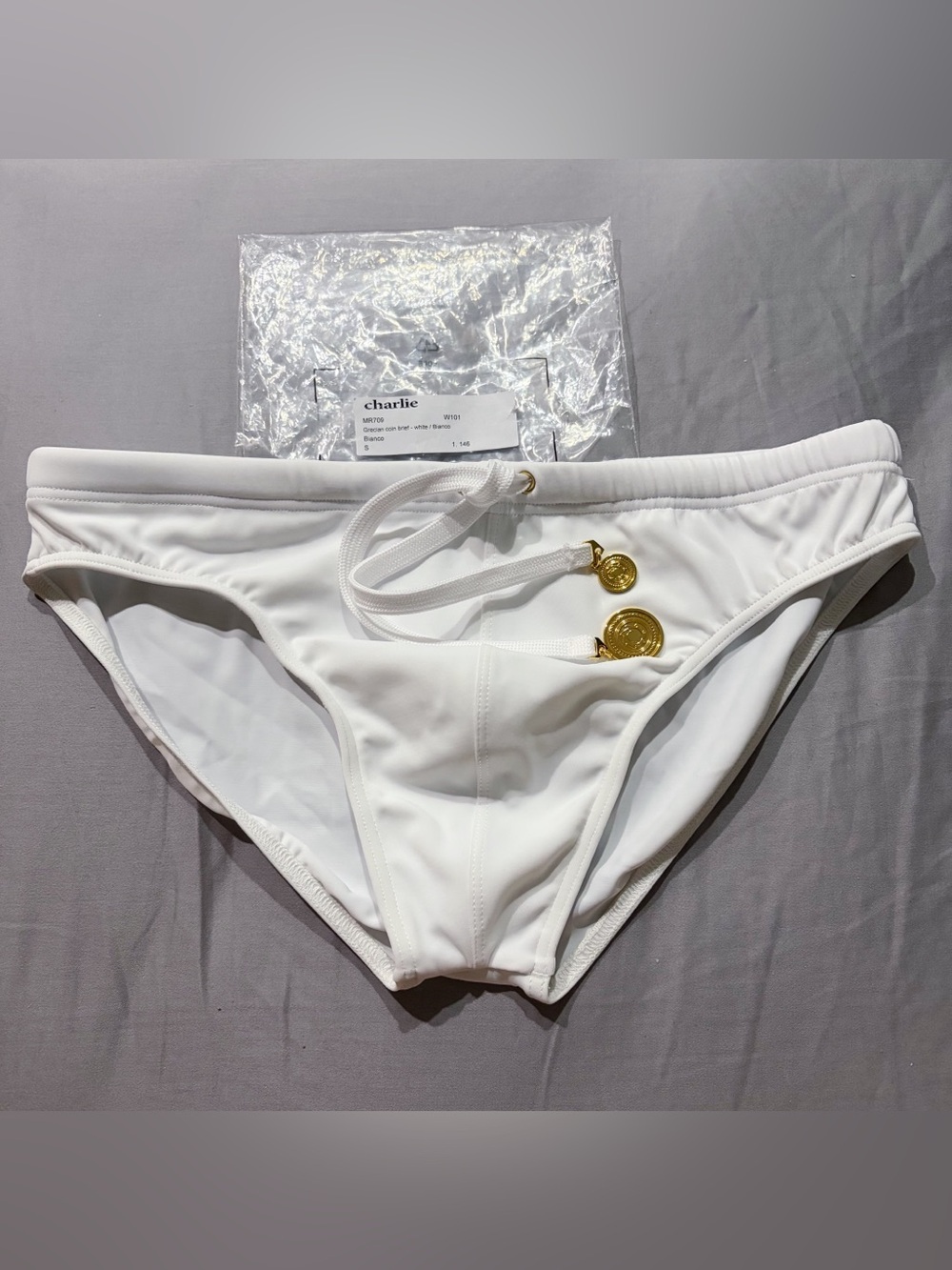 NEW Small Charlie By MZ Matthew Zink White Grecian Coin Brief Lifeguard Swim Men